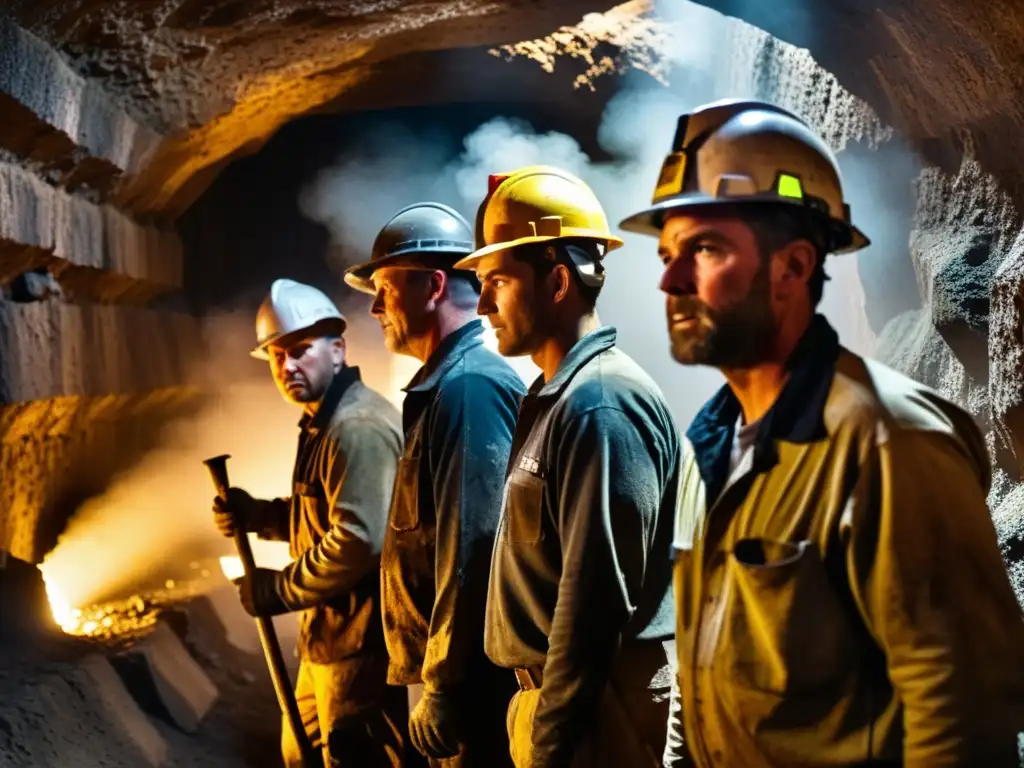 Mineros de pirita trabajando en túnel oscuro, sudorosos y polvorientos, picando la roca con determinación