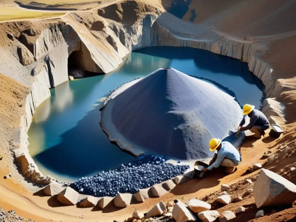 Mineros extraen safiros azules en una mina, destacando la intensa labor para obtener estas preciosas gemas