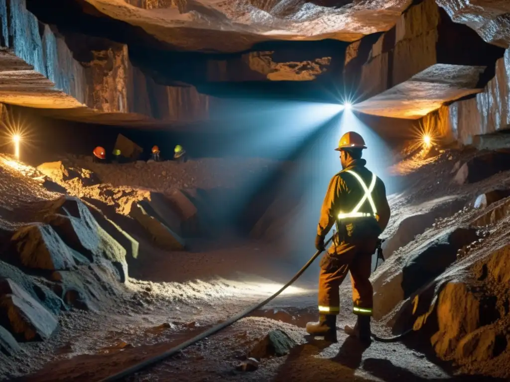 Mineros trabajan con iluminación segura en minas tradicionales, revelando vetas de mineral en la penumbra de un socavón iluminado con LED