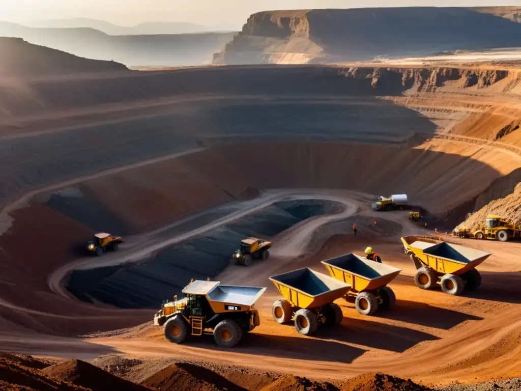 Mineros realizan extracción sostenible de minerales responsables en una mina a cielo abierto al atardecer, equipados con tecnología avanzada