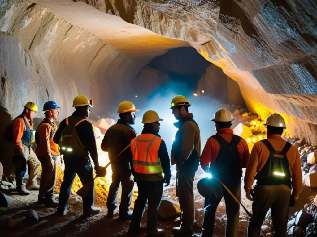 Mineros en túnel subterráneo iluminados por lámparas frontales, extrayendo gemas