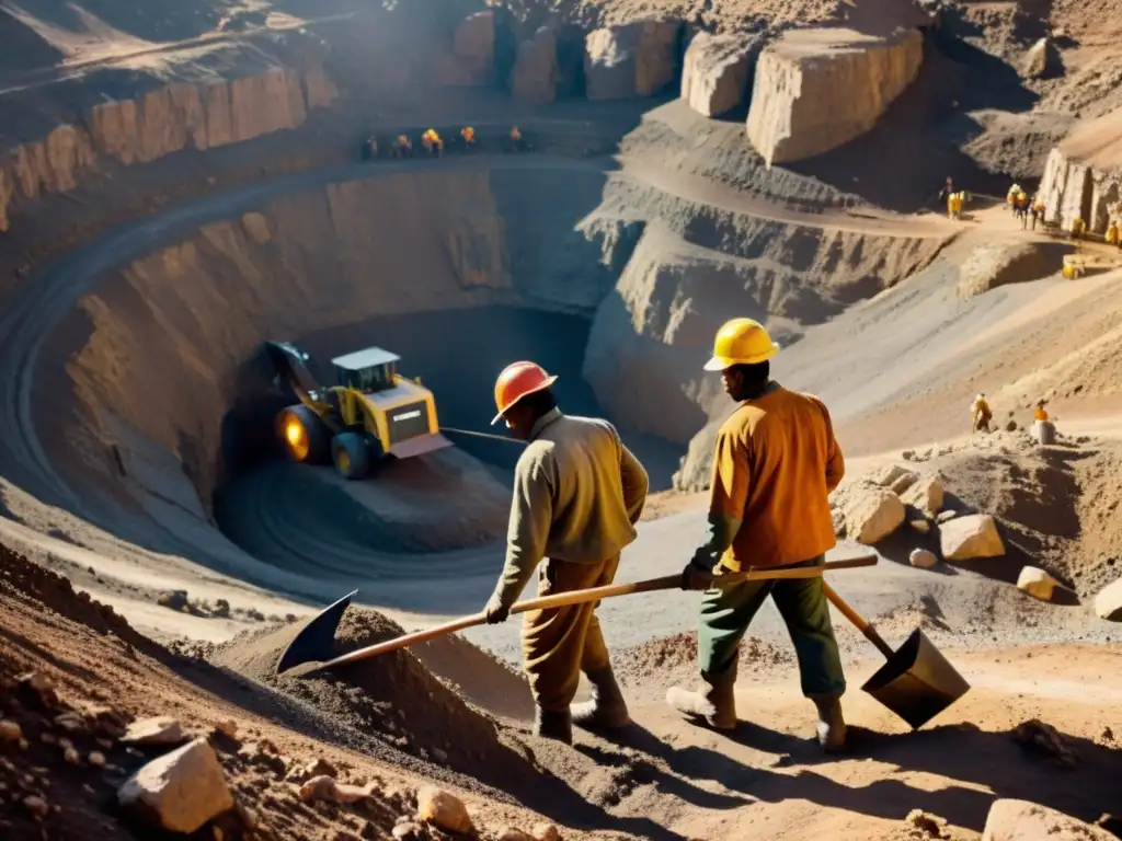 Mineros en el terreno rocoso, usando herramientas tradicionales