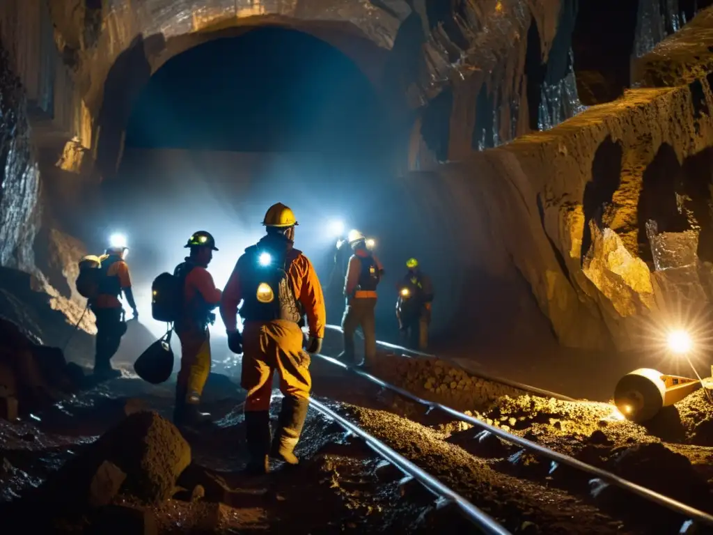 Mineros trabajando bajo tierra con sus implementos de seguridad en cumplimiento de las normativas seguridad trabajadores minería