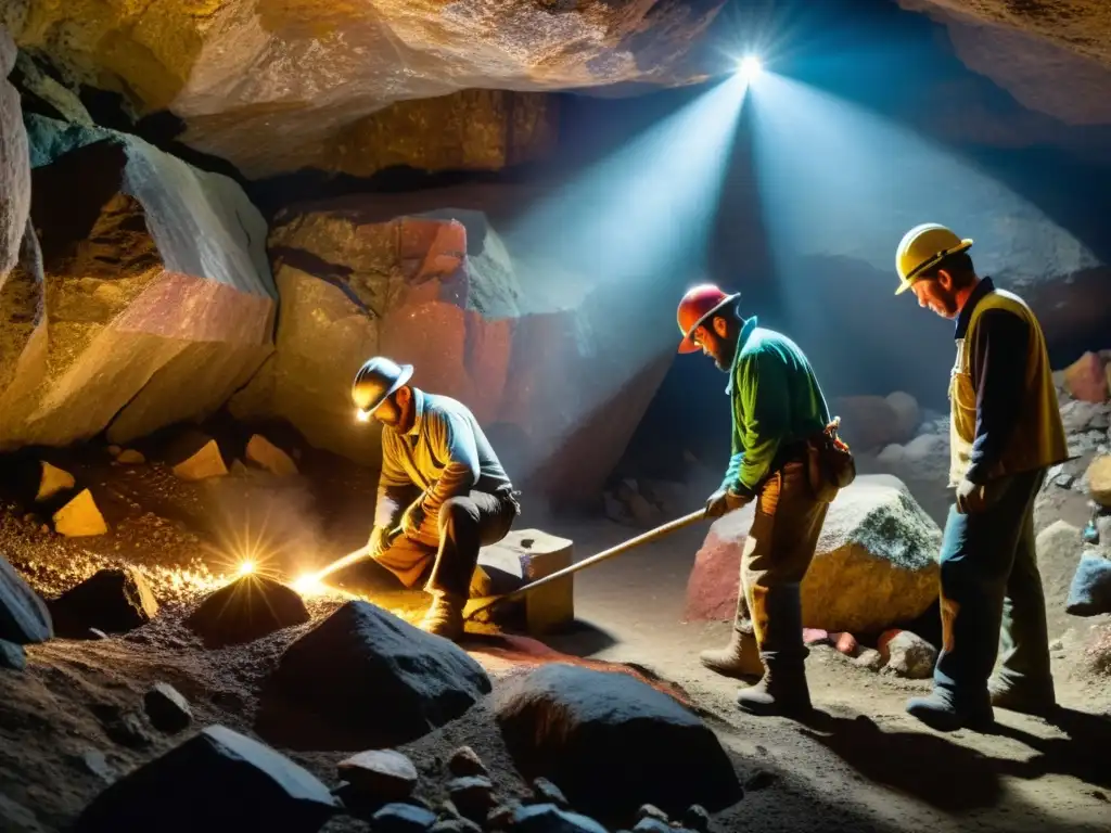 Mineros tradicionales extraen gemas en mina subterránea, creando escena dramática de extracción de gemas para Usos curativos tradicionales de gemas