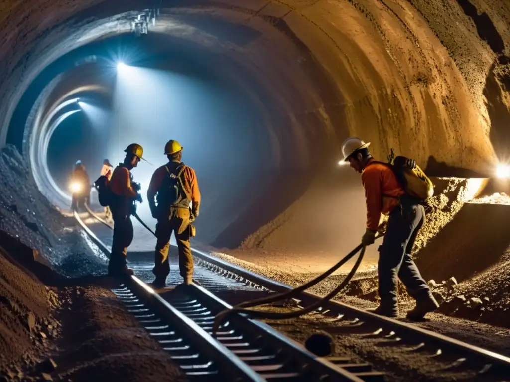 Mineros luchando en un túnel húmedo, iluminados por lámparas frontales, reflejando el impacto psicológico en trabajadores