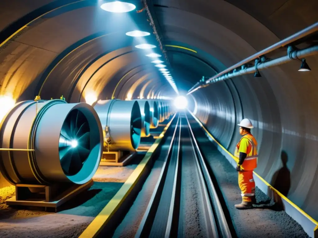 Mineros trabajando en túnel de mina con ventilación innovadora para minas subterráneas, iluminado por luces LED brillantes