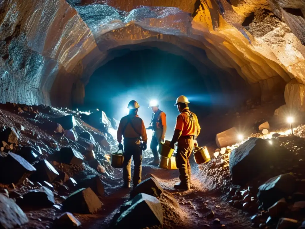 Mineros en un túnel de mina subterránea iluminado por lámparas frontales, extrayendo gemas de formaciones rocosas