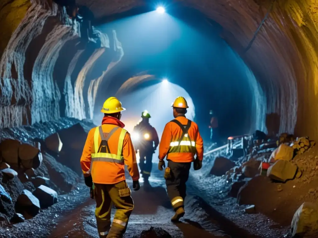 Mineros descienden con determinación y precaución por un túnel oscuro, iluminando su camino con lámparas frontales