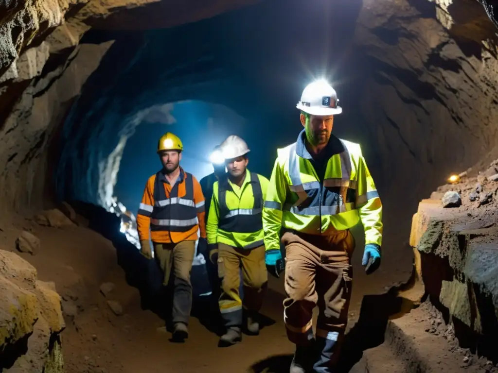 Mineros explorando un túnel oscuro, con cascos y luces de cabeza