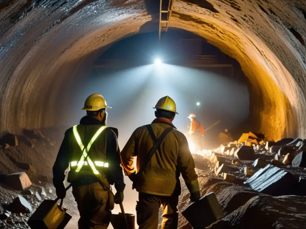 Mineros en un túnel oscuro, iluminados por sus lámparas, extrayendo minerales con determinación