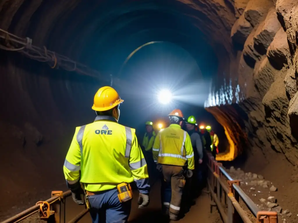 Mineros trabajando en túnel oscuro con maquinaria pesada, reflejando la labor intensa de la industria minera