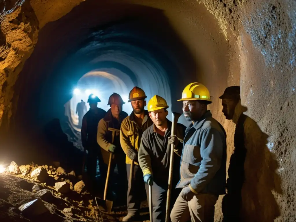 Mineros trabajando en túnel oscuro, rostros y ropas sucias