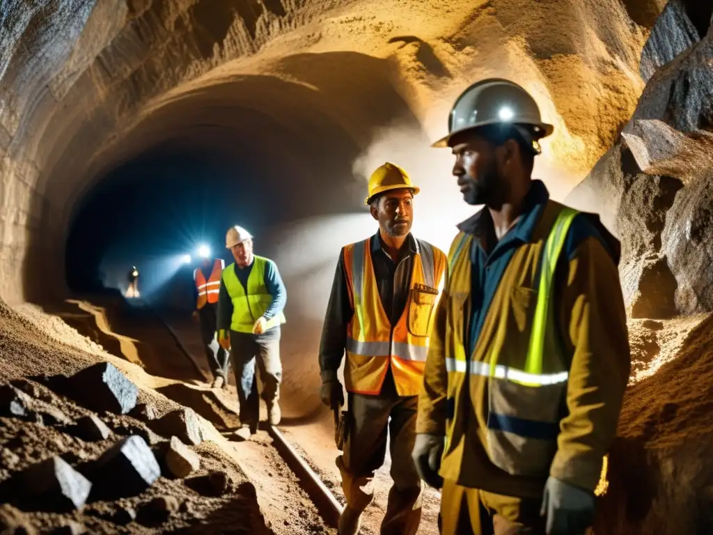 Mineros trabajando en un túnel subterráneo, cubiertos de polvo y sudor, extrayendo minerales