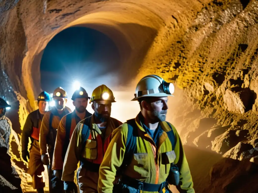 Mineros en un túnel subterráneo, iluminados por linternas, trabajan entre minerales brillantes