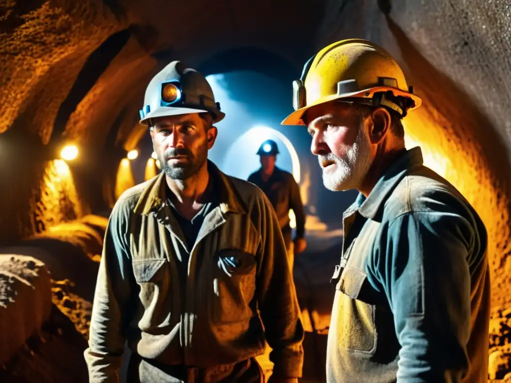 Mineros trabajando en un túnel subterráneo, con rostros y ropa cubiertos de polvo y sudor