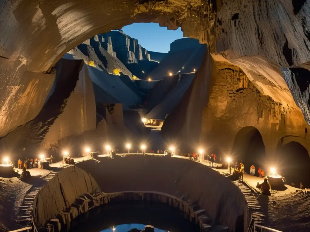 Mineros trabajando en túneles de una histórica mina de plata, evocando la historia de la minería de metales preciosos