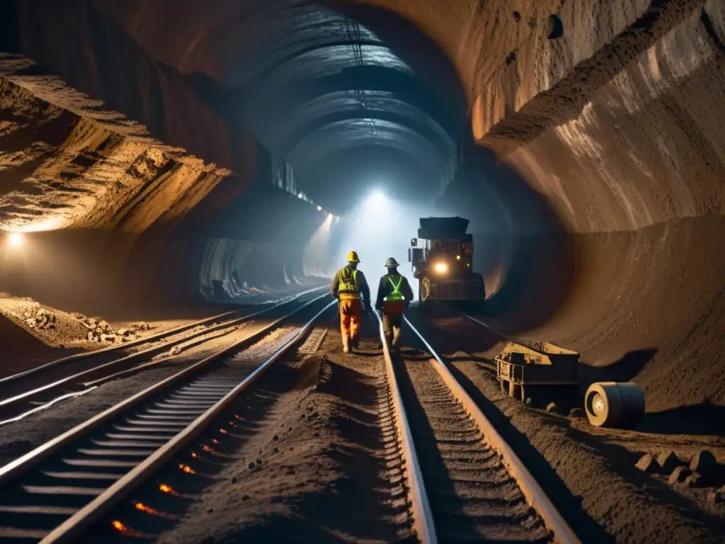 Mineros trabajando en túneles de una mina de carbón, con maquinaria pesada y ambiente industrial