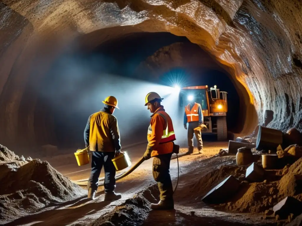 Mineros trabajando en túneles oscuros, iluminados por lámparas frontales