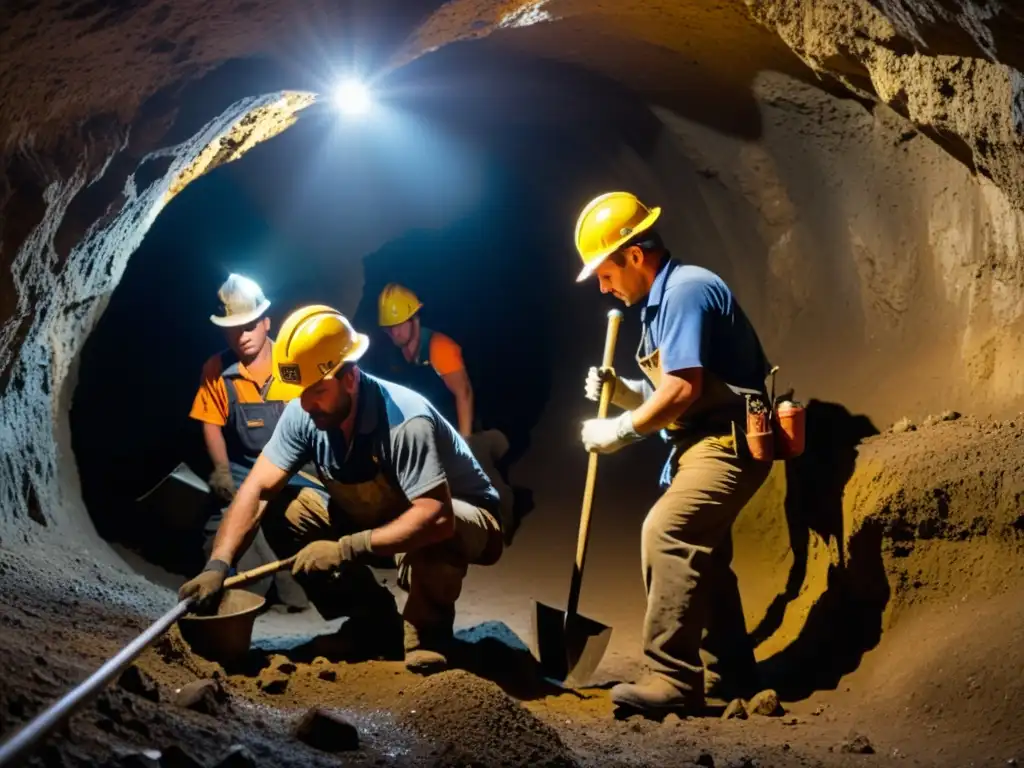 Mineros trabajando en túneles oscuros con picos de minería duraderos