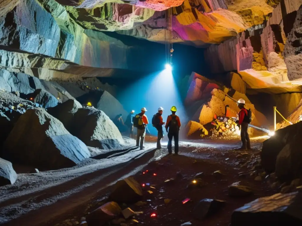 Mineros en túneles subterráneos extraen gemas en un mundo subterráneo de la minería de gemas