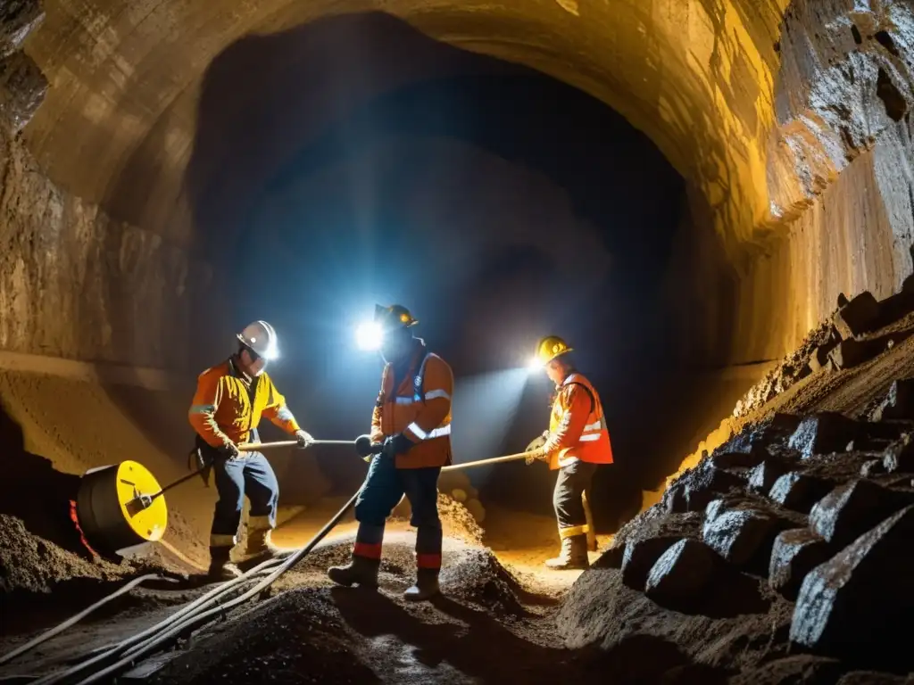 Mineros trabajando en túneles subterráneos con maquinaria pesada, iluminados por lámparas frontales