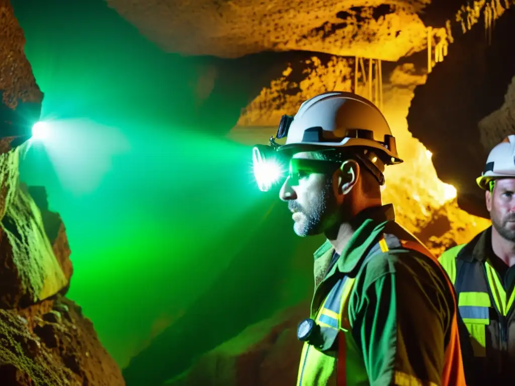 Mineros explorando con visores nocturnos para minería en una mina oscura, iluminados por lámparas frontales, concentrados en su trabajo