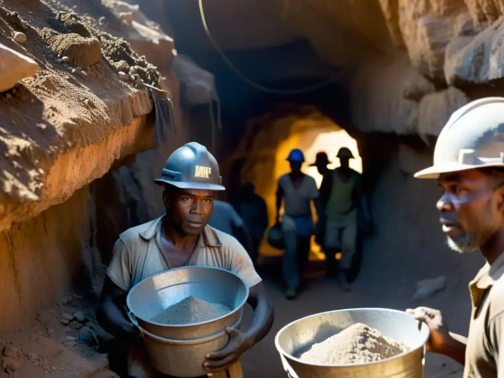 Mineros en zona de conflicto, laborando en un oscuro y polvoriento túnel, reflejando la dura realidad de la trazabilidad minera en zonas de conflicto