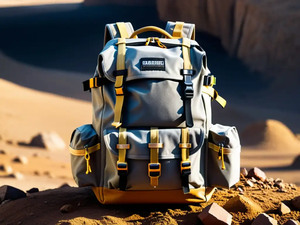 Una mochila resistente para expediciones mineras, con múltiples compartimentos y correas reforzadas, cubierta de polvo y suciedad en un terreno rocoso