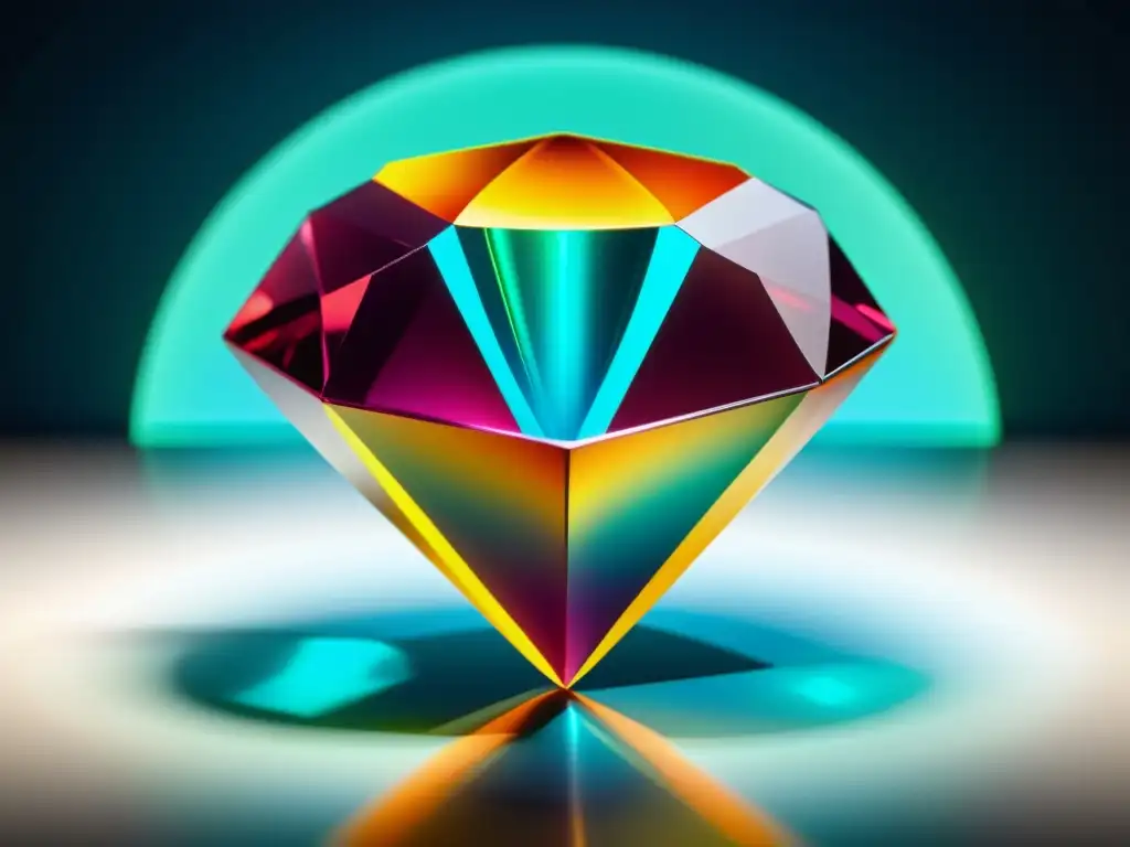 Análisis y diseño de gemas con IA: tecnología innovadora Modelado de gemas con IA: representación 3D de una gema única analizada y modificada por inteligencia artificial, con deslumbrante juego de colores