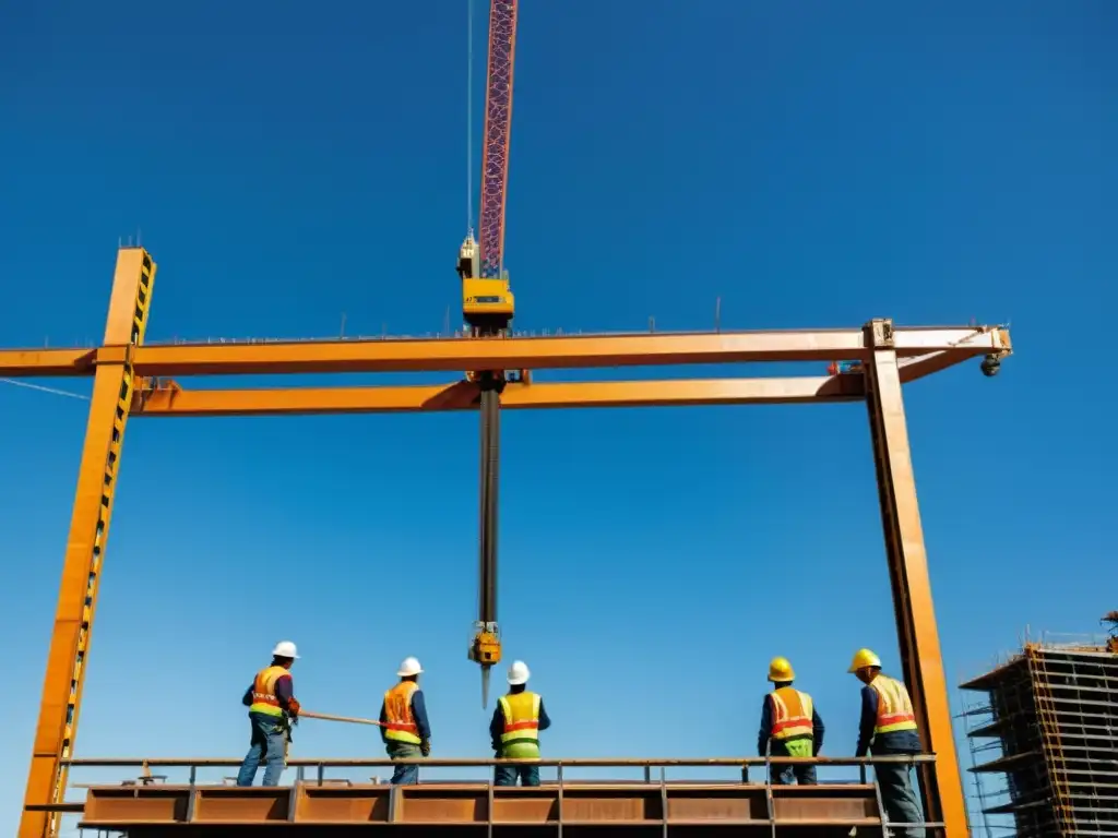 Construcción moderna con hierro como base, trabajadores en obra, cielo azul despejado y detalles de acero en construcción