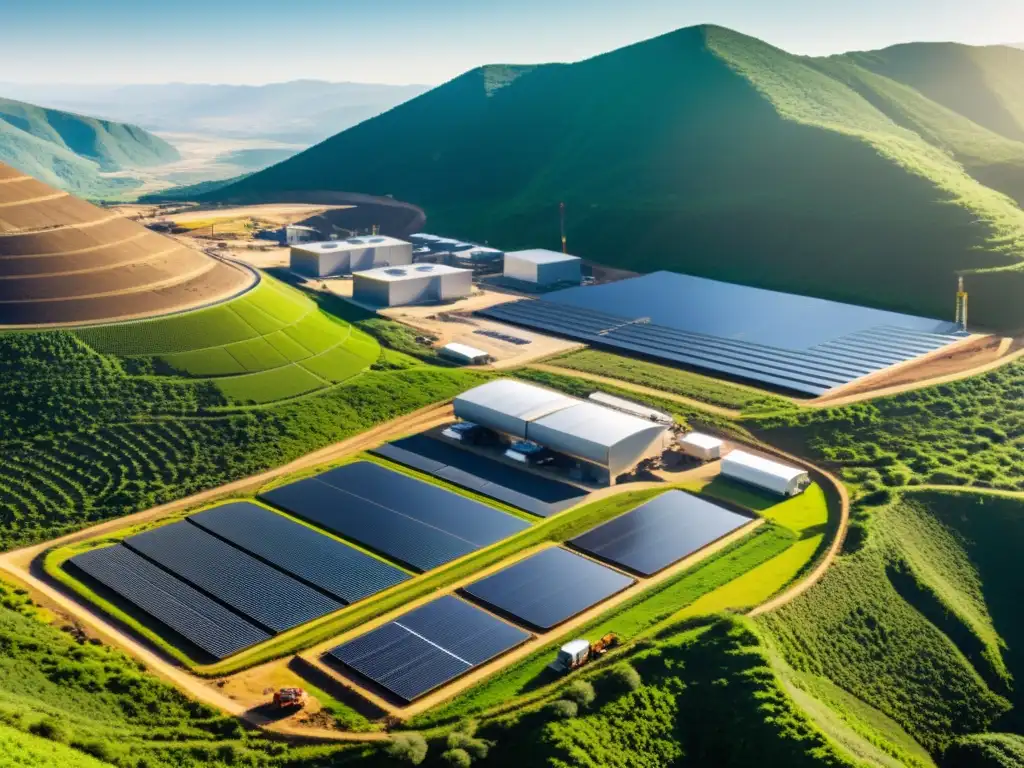 Una moderna operación minera ecoamigable en armonía con la naturaleza, mostrando técnicas de extracción de minerales ecoamigables