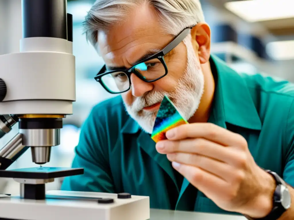 Un geólogo examina detenidamente una muestra mineral bajo un microscopio en un laboratorio bien iluminado, destacando la meticulosa análisis y enfoque científico para entender los beneficios de los minerales en inversiones