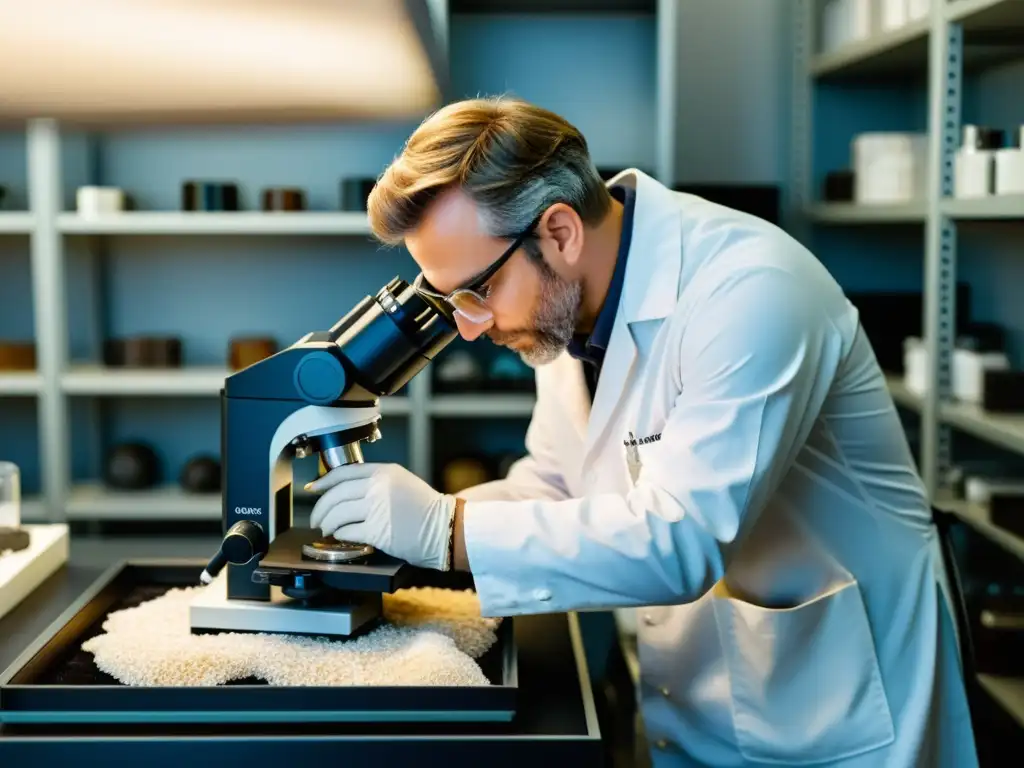 Un geólogo examina detenidamente una muestra mineral bajo un microscopio en un laboratorio bien iluminado