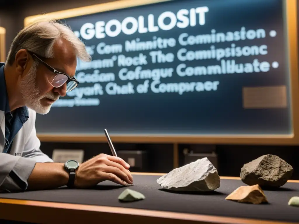 Un geólogo examina detalladamente una muestra de roca en un laboratorio tenue, mostrando la dedicación al estudio de minerales