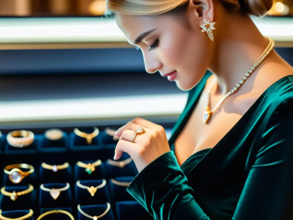 Una mujer examina joyas en una tienda de lujo, destacando un collar de diamantes