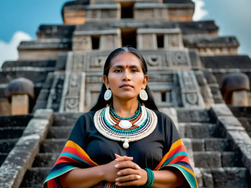 Una mujer maya con textiles vibrantes sostiene la Piedra de la Luna, evocando la rica herencia cultural y su significado