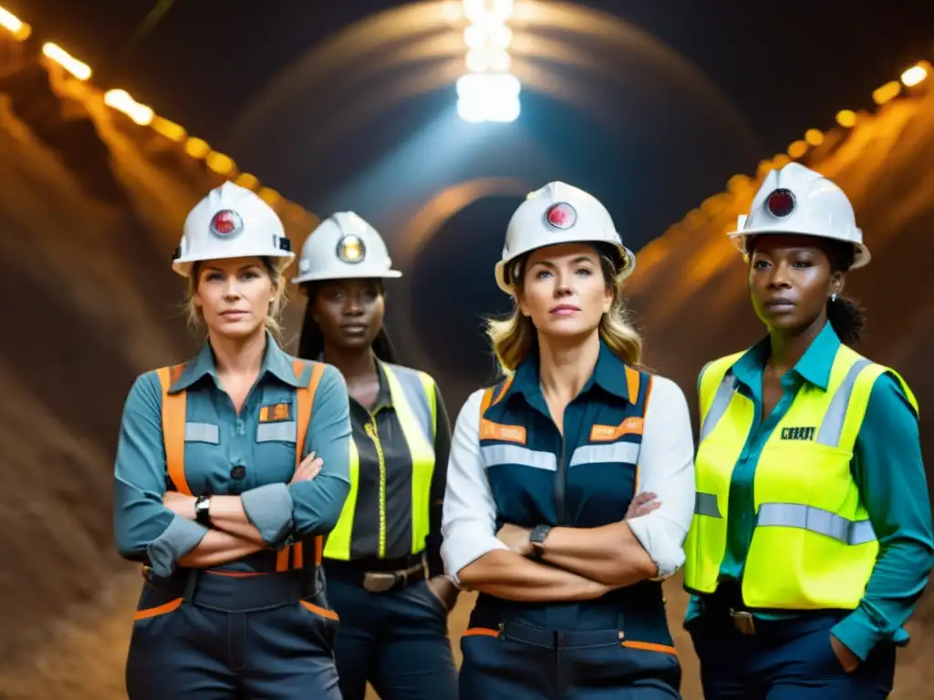 Mujeres en la minería rompiendo estereotipos: grupo de mujeres con equipo minero y cascos, desafiando la industria y destacando su expertise