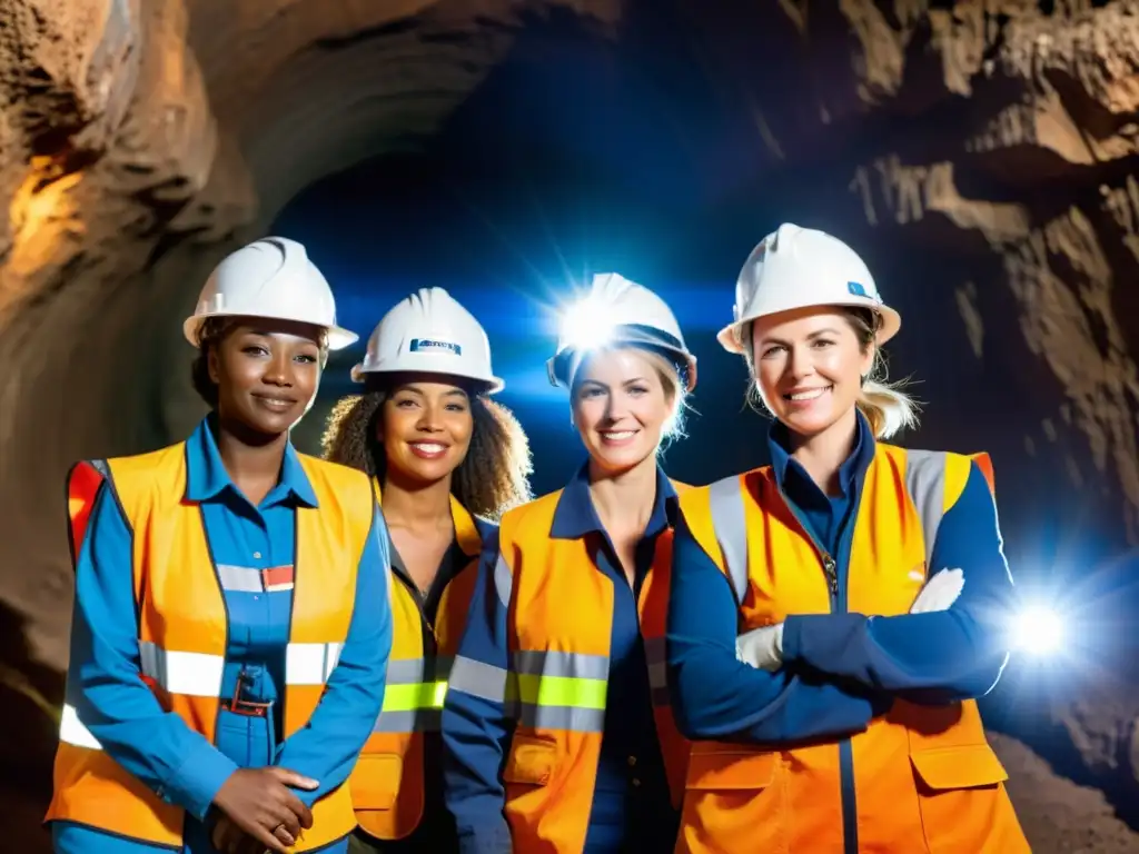 Mujeres en la minería rompiendo estereotipos: Profesionales empoderadas realizando tareas mineras en un túnel iluminado, demostrando su expertise