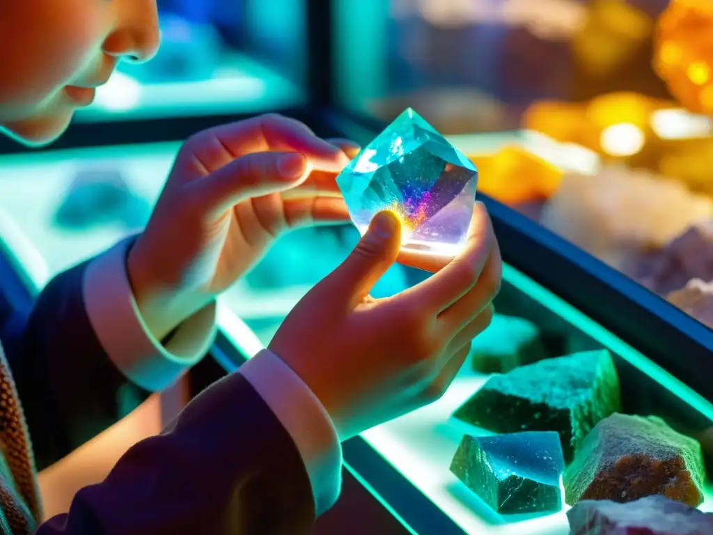 Un niño examina con asombro una muestra mineral en exposiciones minerales interactivas para niños, rodeado de colores y texturas impresionantes