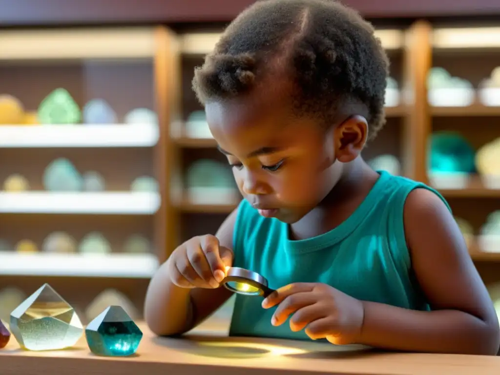 Un niño examina con curiosidad un mineral colorido a través de una lupa, rodeado de libros y publicaciones didácticas de geología para niños y jóvenes