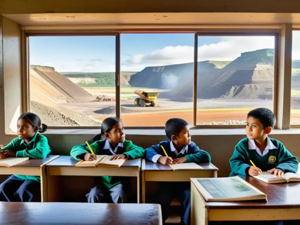 Niños en aula rural rodeados de libros y carteles educativos, con ventana que muestra una mina a cielo abierto