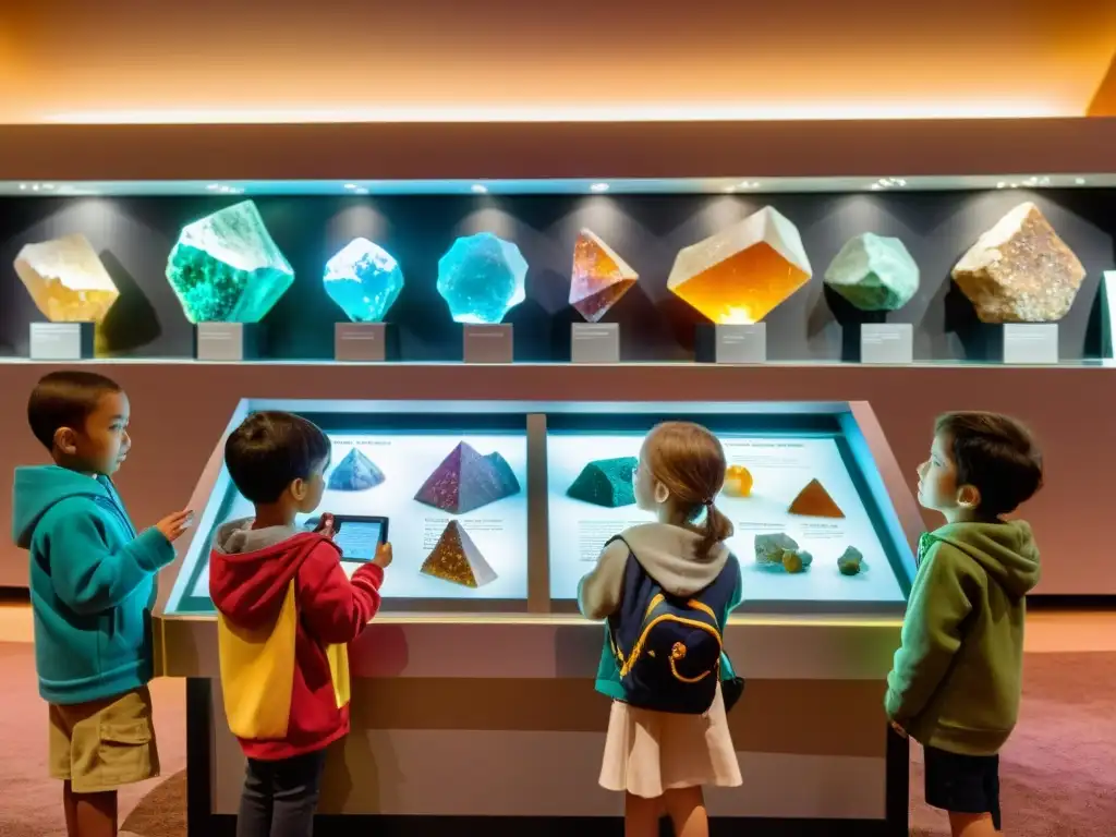 Niños disfrutando de una exposición mineral interactiva, aprendiendo sobre minerales coloridos y brillantes