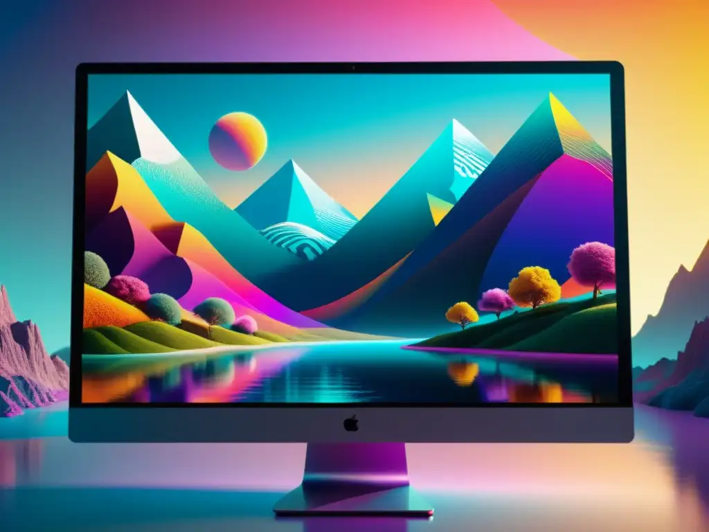 Arte digital surrealista y futurista en alta resolución Una obra de arte digital detallada y vibrante en pantalla, con paisajes surrealistas y elementos futuristas