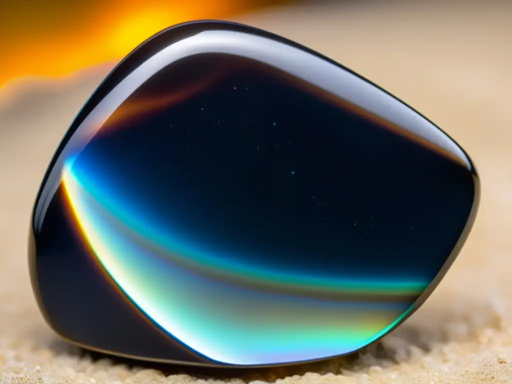 Obsidiana reluciente con patrones naturales, reflejos iridiscentes y bordes afilados