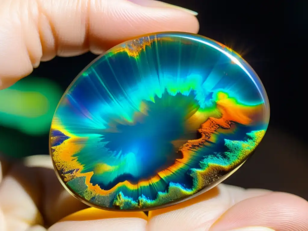 Una opal natural con colores iridiscentes, sostenida por pinzas, muestra efectos ópticos