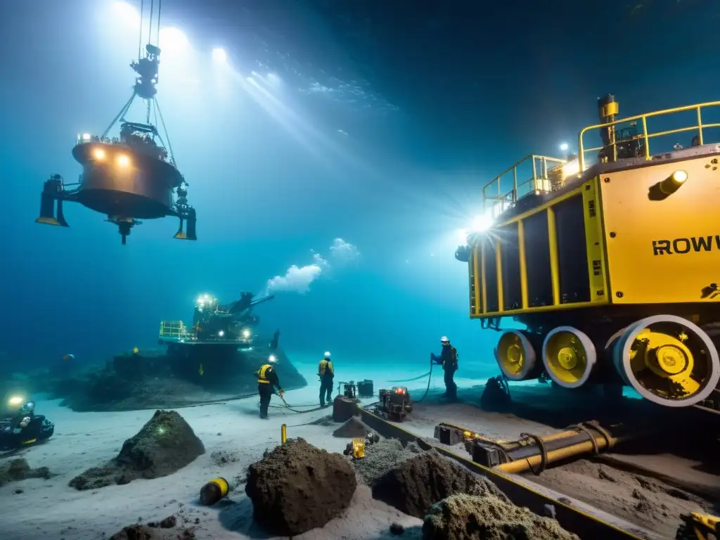 Una operación de minería submarina en la oscuridad del océano, con luces artificiales resaltando el impacto ambiental