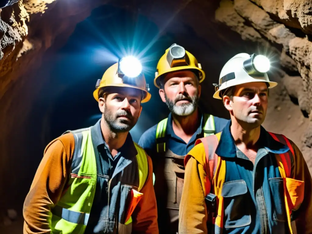 Operaciones de salvamento en minas: Mineros rescatando a un colega atrapado en túneles oscuros, mostrando valentía y trabajo en equipo