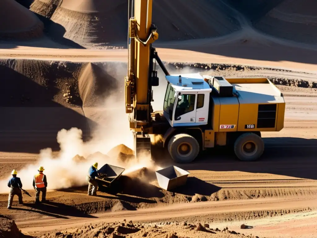 Operarios con equipos de perforación para minería a pequeña escala, trabajando en un paisaje rocoso bajo el intenso sol, rodeados de polvo y escombros