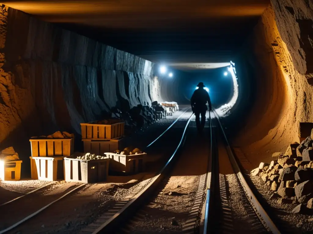 Un oscuro túnel subterráneo con figuras en silueta moviendo minerales, evocando el tráfico ilícito de minerales UNICRI