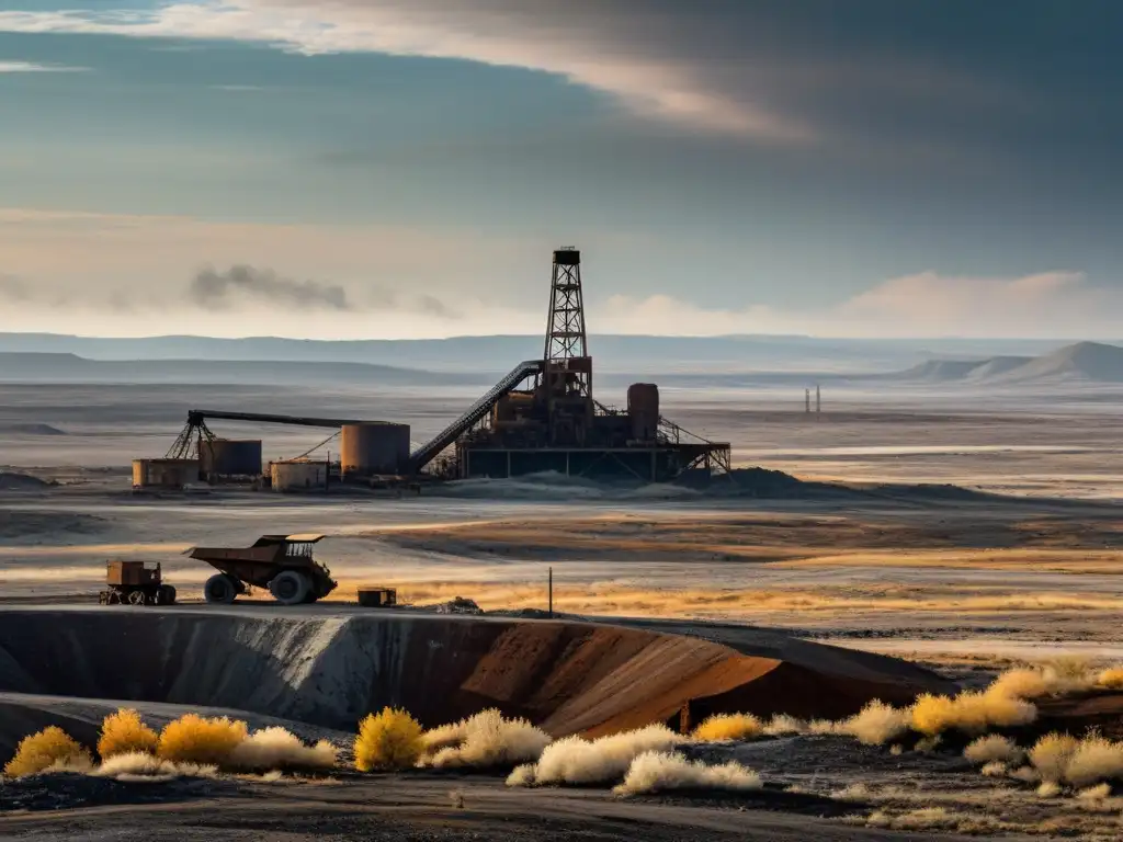 Un paisaje desolado con minas abandonadas, su equipo oxidado se fusiona con la tierra